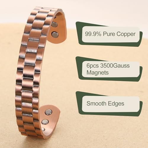 MagEnergy Mens Copper Bracelet 99.9% Pure Copper Magnetic Bracelet with 6 Powerful Magnets with Jewelry Gift Box