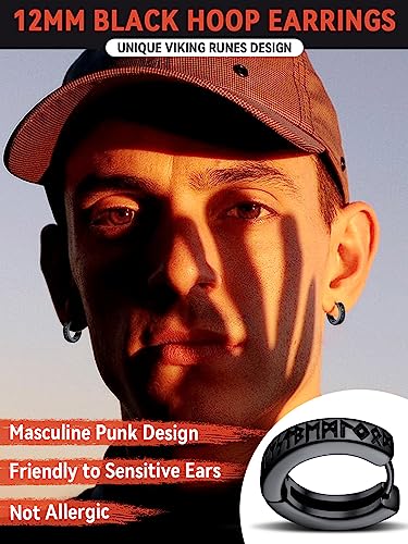 Norse Viking Earrings for Men, Black Hoops Stainless Steel Nordic Runes Earring, Punk Biker Ear Jewelry for Man Boys