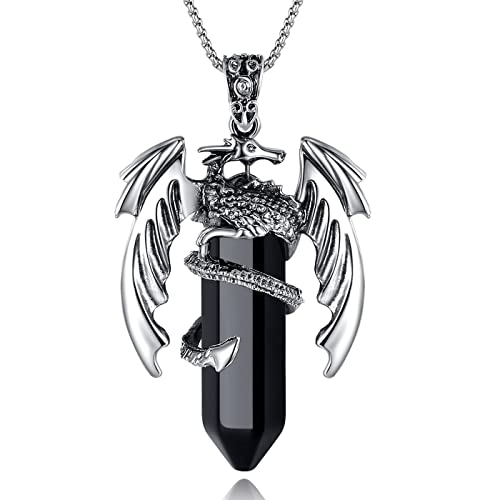 XIANNVXI Dragon Necklace for Men Black Obsidian Necklace Mens Necklaces Crystal Necklaces for Men Healing Gemstone Pointed Pendant Reiki Mens Jewellery Dragon Gifts