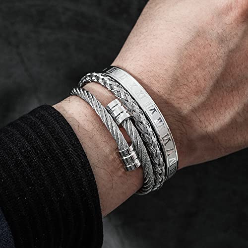 WFYOU 3PCS Stainless Steel Bracelets for Men Gold Roman Numeral Bangle Bracelet Adjustable Cuff Bracelet Mens Luxury Jewelry Bracelets Gifts silver