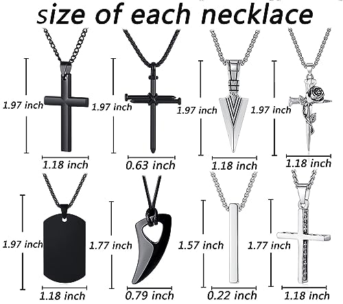 XIANNVXI 8 Pcs Mens Necklaces Set Necklace for Men Cross Necklace Men Black Silver Stainless Steel Necklace Mens Jewellery with 16-24" Chain