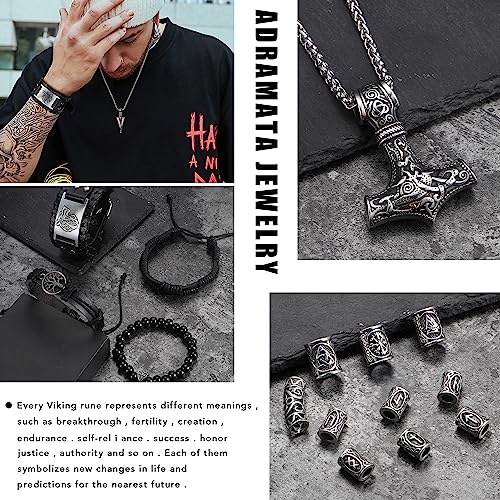 ADRAMATA Viking Necklace for Men Viking Bracelets Set Thors Hammer Pendant Necklace Viking Beard Beads Hair Beads Braided Leather Bracelets for Men Beads Bracelets Viking Jewellery Viking Gifts