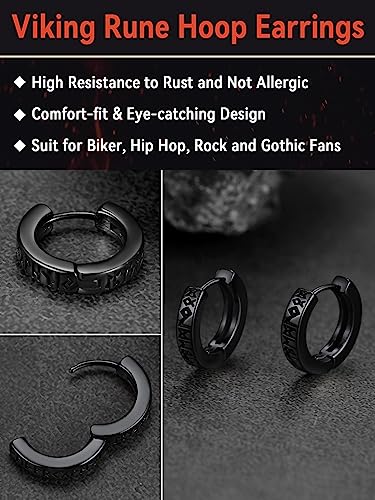 Norse Viking Earrings for Men, Black Hoops Stainless Steel Nordic Runes Earring, Punk Biker Ear Jewelry for Man Boys