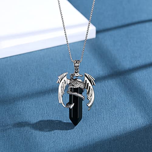 XIANNVXI Dragon Necklace for Men Black Obsidian Necklace Mens Necklaces Crystal Necklaces for Men Healing Gemstone Pointed Pendant Reiki Mens Jewellery Dragon Gifts