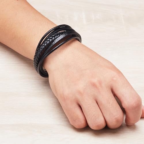 Philip Jones Men's Genuine Black Leather Bracelet with Stainless Steel Clasp