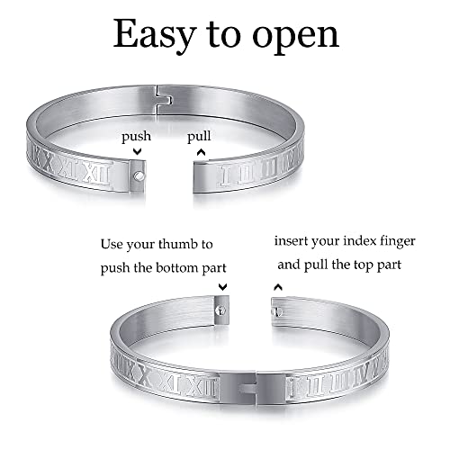 WFYOU 3PCS Stainless Steel Bracelets for Men Gold Roman Numeral Bangle Bracelet Adjustable Cuff Bracelet Mens Luxury Jewelry Bracelets Gifts silver