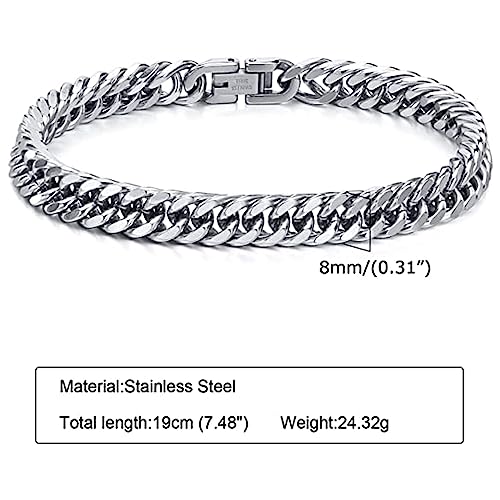 Ledander Set of 2 Mens Curb Chain Bracelets, Stainless Steel Cuban Link Bracelet 6 Side Cut Men's Hip-Hop Jewelry, Cuban Chain Bracelet Set for Men Dad Boyfriend Husband (Silver)