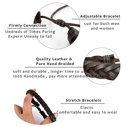 JeweBella 20PCS Leather Bracelets for Men Punk Braided Vintage Brown Beads Bracelet Cuff Bracelet Ethnic Rope Bracelet Men Black Adjustable Wristband Bracelet Rope Wrap Bracelets Set Gift Jewelry