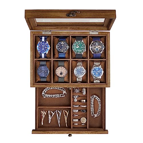 SONGMICS Watch Box with 8 Slots, 2-Tier Wood Watch Case with Large Glass Lid, Watch Pillows, Velvet Lining, Jewellery Box, Gift for Loved Ones, Rustic Walnut JOW008K01