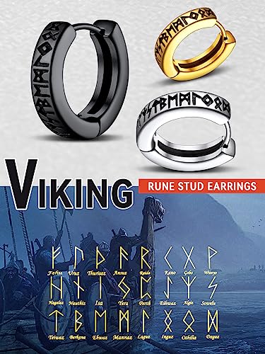 Norse Viking Earrings for Men, Black Hoops Stainless Steel Nordic Runes Earring, Punk Biker Ear Jewelry for Man Boys