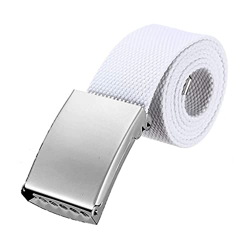 WedDecor Unisex Webbing Belt Fits 26-51 Inches - Army Combat Style Cotton Fabric Canvas Material - With Shiny Silver Buckle Slide Catch Clamp for Casual Wear-White