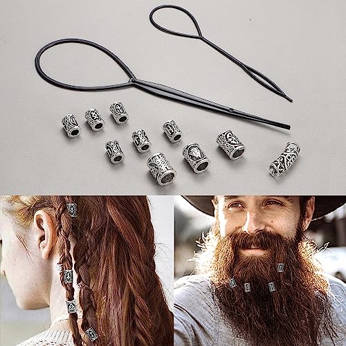 ADRAMATA Viking Necklace for Men Viking Bracelets Set Thors Hammer Pendant Necklace Viking Beard Beads Hair Beads Braided Leather Bracelets for Men Beads Bracelets Viking Jewellery Viking Gifts