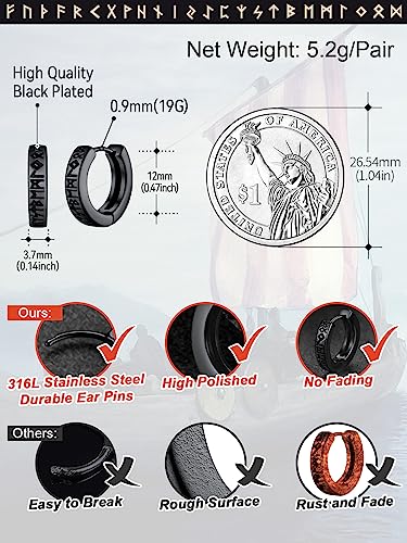 Norse Viking Earrings for Men, Black Hoops Stainless Steel Nordic Runes Earring, Punk Biker Ear Jewelry for Man Boys