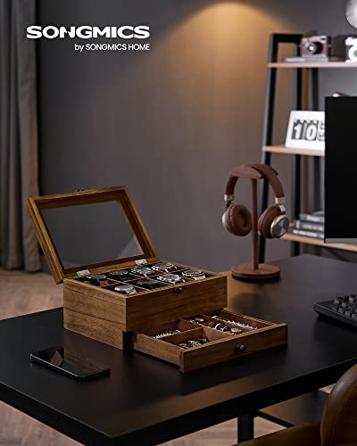 SONGMICS Watch Box with 8 Slots, 2-Tier Wood Watch Case with Large Glass Lid, Watch Pillows, Velvet Lining, Jewellery Box, Gift for Loved Ones, Rustic Walnut JOW008K01
