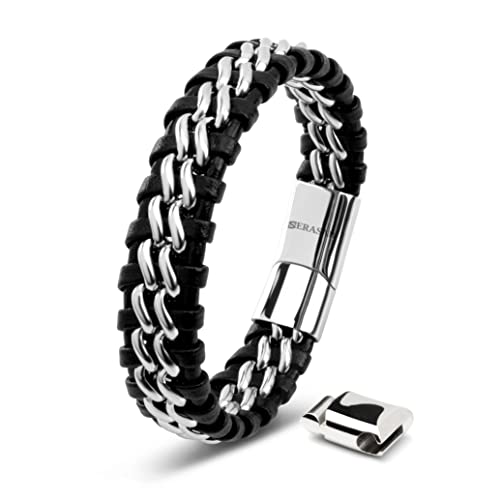 SERASAR Mens Leather Bracelet 17cm Silver Mens Presents Bracelet Men Gift-Box Cowhide Braided Magnetic-Clasp Multi-Layer Wrap Rope Mans Male Boy Boys Mens Bracelets Band Jewelry Magnet Accessories