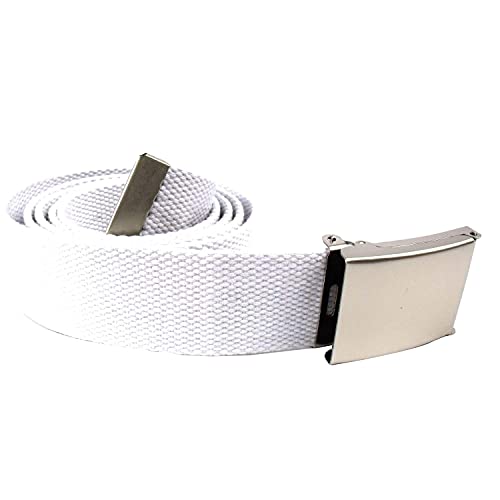 WedDecor Unisex Webbing Belt Fits 26-51 Inches - Army Combat Style Cotton Fabric Canvas Material - With Shiny Silver Buckle Slide Catch Clamp for Casual Wear-White