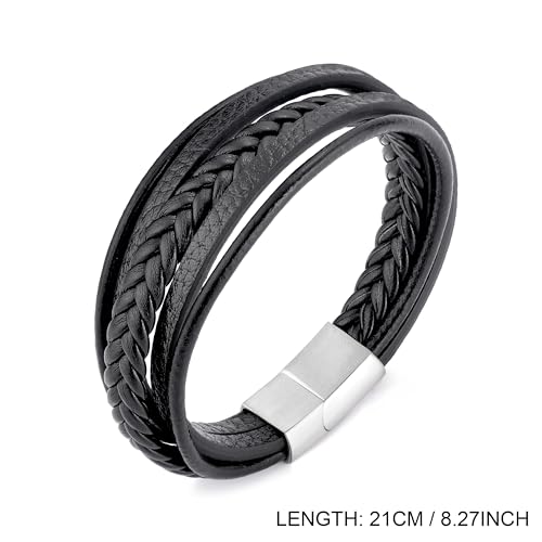 Philip Jones Men's Genuine Black Leather Bracelet with Stainless Steel Clasp