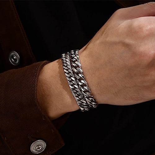 Ledander Set of 2 Mens Curb Chain Bracelets, Stainless Steel Cuban Link Bracelet 6 Side Cut Men's Hip-Hop Jewelry, Cuban Chain Bracelet Set for Men Dad Boyfriend Husband (Silver)