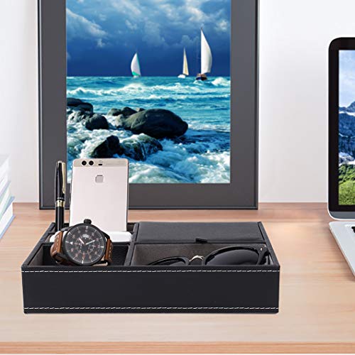 ISIYINER Valet Tray Faux Leather Nightstand Organizer for Men, Desk or Dresser Top Storage Box Holder for Jewelry Keys Phone Wallet Watch etc.