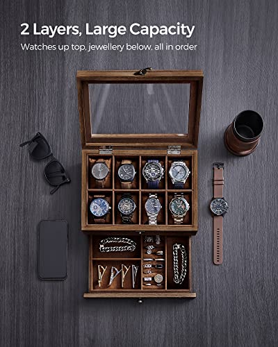 SONGMICS Watch Box with 8 Slots, 2-Tier Wood Watch Case with Large Glass Lid, Watch Pillows, Velvet Lining, Jewellery Box, Gift for Loved Ones, Rustic Walnut JOW008K01
