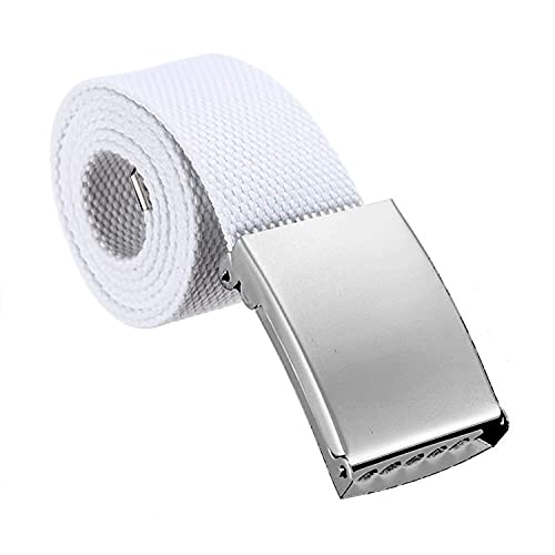 WedDecor Unisex Webbing Belt Fits 26-51 Inches - Army Combat Style Cotton Fabric Canvas Material - With Shiny Silver Buckle Slide Catch Clamp for Casual Wear-White
