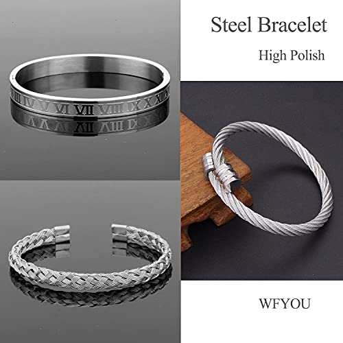 WFYOU 3PCS Stainless Steel Bracelets for Men Gold Roman Numeral Bangle Bracelet Adjustable Cuff Bracelet Mens Luxury Jewelry Bracelets Gifts silver