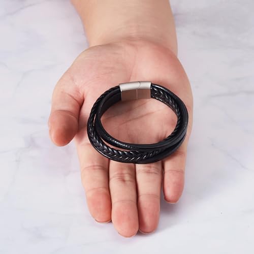 Philip Jones Men's Genuine Black Leather Bracelet with Stainless Steel Clasp