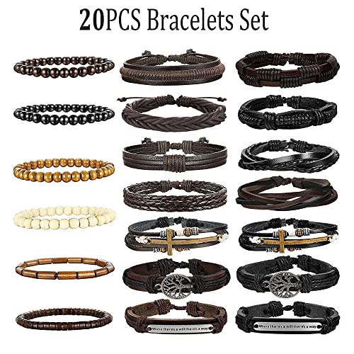 JeweBella 20PCS Leather Bracelets for Men Punk Braided Vintage Brown Beads Bracelet Cuff Bracelet Ethnic Rope Bracelet Men Black Adjustable Wristband Bracelet Rope Wrap Bracelets Set Gift Jewelry