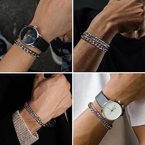 Ledander Set of 2 Mens Curb Chain Bracelets, Stainless Steel Cuban Link Bracelet 6 Side Cut Men's Hip-Hop Jewelry, Cuban Chain Bracelet Set for Men Dad Boyfriend Husband (Silver)