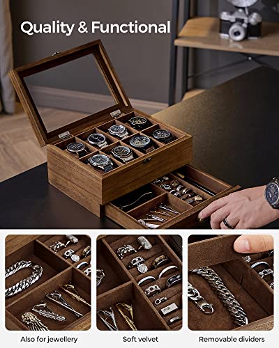 SONGMICS Watch Box with 8 Slots, 2-Tier Wood Watch Case with Large Glass Lid, Watch Pillows, Velvet Lining, Jewellery Box, Gift for Loved Ones, Rustic Walnut JOW008K01