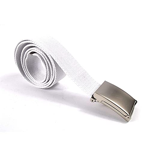WedDecor Unisex Webbing Belt Fits 26-51 Inches - Army Combat Style Cotton Fabric Canvas Material - With Shiny Silver Buckle Slide Catch Clamp for Casual Wear-White
