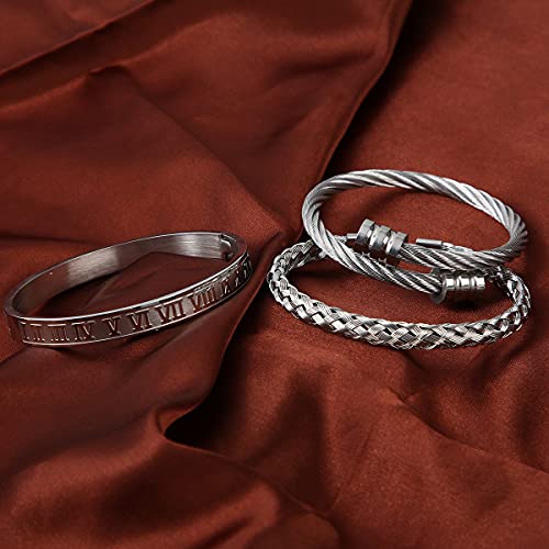 WFYOU 3PCS Stainless Steel Bracelets for Men Gold Roman Numeral Bangle Bracelet Adjustable Cuff Bracelet Mens Luxury Jewelry Bracelets Gifts silver