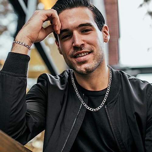 LOLIAS Men Sturdy Cuban Chain Necklace Bracelet Set 5/9mm Width, 18" 20" 22" Length, Silver Tone 316L Stainless Steel Mens Chain Necklace Bracelet for Boy Hip Hop Jewelry Men's Jewellery