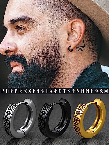 Norse Viking Earrings for Men, Black Hoops Stainless Steel Nordic Runes Earring, Punk Biker Ear Jewelry for Man Boys