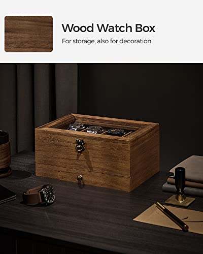 SONGMICS Watch Box with 8 Slots, 2-Tier Wood Watch Case with Large Glass Lid, Watch Pillows, Velvet Lining, Jewellery Box, Gift for Loved Ones, Rustic Walnut JOW008K01
