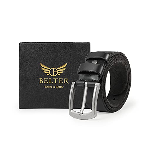 BELTER Leather Belt Mens Belts Jeans Casual Dress Full Grain Leather Big and Tall Size Available with Gift Box (38"-40" Waist, Black)