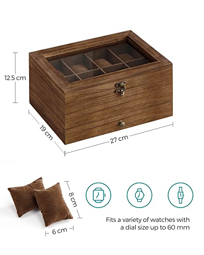 SONGMICS Watch Box with 8 Slots, 2-Tier Wood Watch Case with Large Glass Lid, Watch Pillows, Velvet Lining, Jewellery Box, Gift for Loved Ones, Rustic Walnut JOW008K01