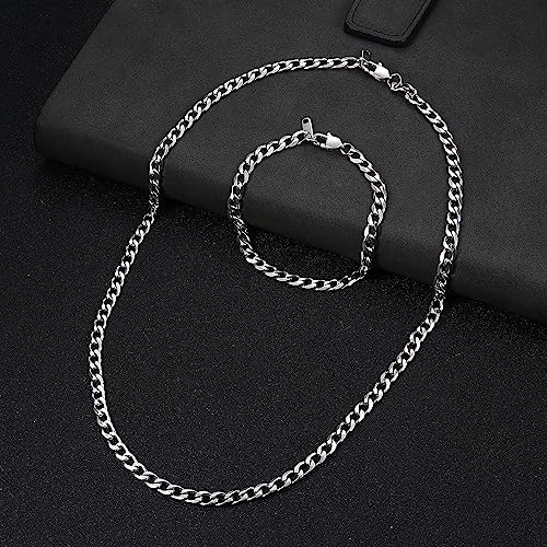LOLIAS Men Sturdy Cuban Chain Necklace Bracelet Set 5/9mm Width, 18" 20" 22" Length, Silver Tone 316L Stainless Steel Mens Chain Necklace Bracelet for Boy Hip Hop Jewelry Men's Jewellery