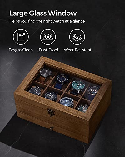SONGMICS Watch Box with 8 Slots, 2-Tier Wood Watch Case with Large Glass Lid, Watch Pillows, Velvet Lining, Jewellery Box, Gift for Loved Ones, Rustic Walnut JOW008K01