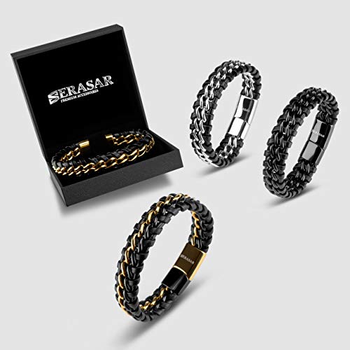 SERASAR Mens Leather Bracelet 17cm Silver Mens Presents Bracelet Men Gift-Box Cowhide Braided Magnetic-Clasp Multi-Layer Wrap Rope Mans Male Boy Boys Mens Bracelets Band Jewelry Magnet Accessories