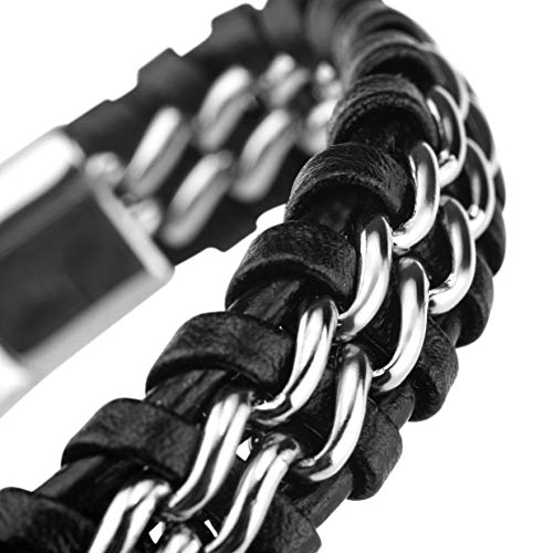 SERASAR Mens Leather Bracelet 17cm Silver Mens Presents Bracelet Men Gift-Box Cowhide Braided Magnetic-Clasp Multi-Layer Wrap Rope Mans Male Boy Boys Mens Bracelets Band Jewelry Magnet Accessories