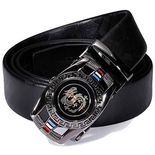 Barry.Wang Black Belt for Men Dragon Designer Buckle Chinese Sliding Belt Large Leather Strap