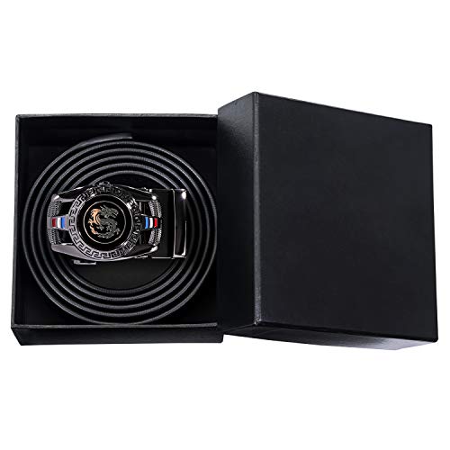 Barry.Wang Black Belt for Men Dragon Designer Buckle Chinese Sliding Belt Large Leather Strap