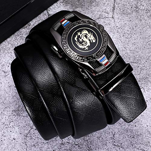 Barry.Wang Black Belt for Men Dragon Designer Buckle Chinese Sliding Belt Large Leather Strap