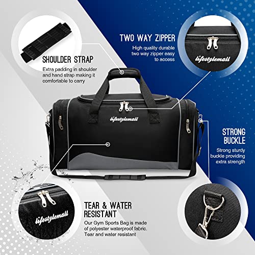 LifeStyleMall Sports Bag - Gym Bag - 30 L - Gym Bag Mens – Travel Bag – Waterproof and Tear Resistant Duffle Bag – Multipurpose -Modern Design – Ideal for Gym, Airport (Black/Grey)