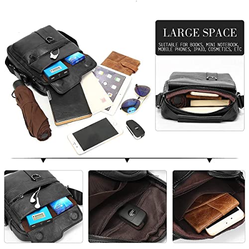 Vologle Shoulder Bag Men's Crossbody Manbag Leather Messenger Casual Handbags Side Satchel Sling Travel Flight Bags Cross Sport Bags for Men (Black-SC)