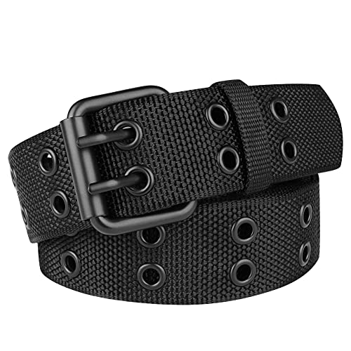 Drizzte Mens Belt Plus Size 110cm Nylon Canvas Webbing Belt Double Grommet Black