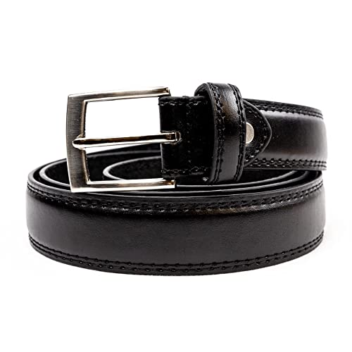 Woodland Leathers Men's Leather Lined Belt, Classic Black And White Belts For Men, 1" Wide Mens Trouser Belt with silver buckle and adjustable belt size (Black, Waist size 44"-47")