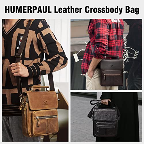 HUMERPAUL Leather Messenger Bag for Men, Small Men Purse Shoulder Crossbody Bags for Work Business Travel, Coffee