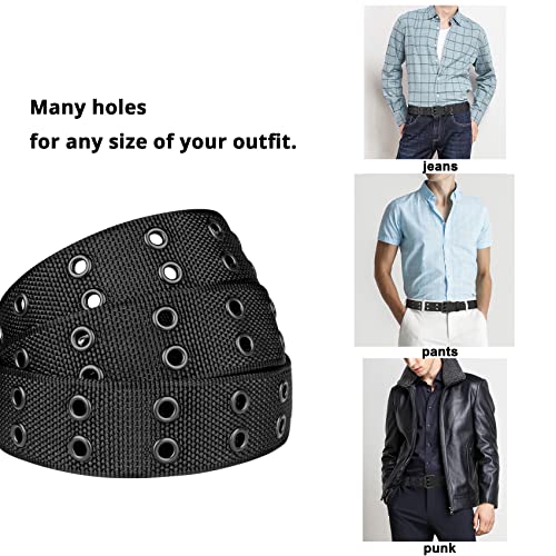 Drizzte Mens Belt Plus Size 110cm Nylon Canvas Webbing Belt Double Grommet Black